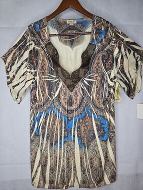 One World Paisley Beaded Top Ivory Brown Slinky Stretch Short Sleeve NWT XL